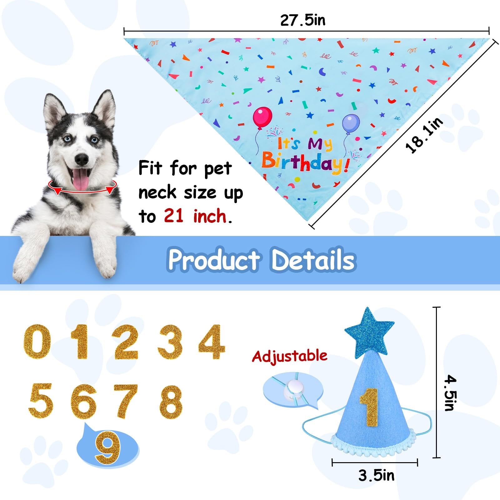 Dog Birthday Party Set - Bandana & Hat with Number